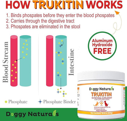 Trukitin Chitosin Based Phosphate Binder for Cats & Dogs – All Natural Human Grade Ingredients for Renal Support Supplement with Calcium Carbonate Oral Powder (Made in U.S.A)