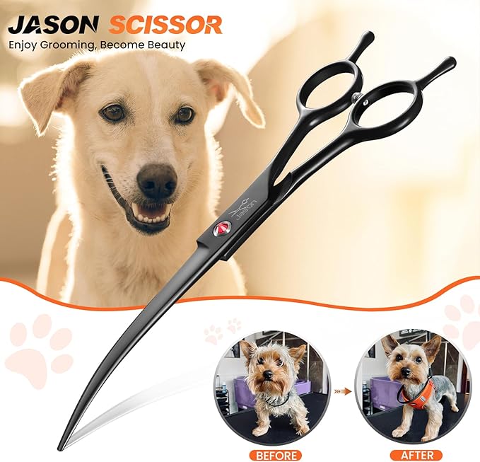 JASON 7.5" Dog Grooming Scissor - Professional Down-curved Shear with Ergonomic Handle Japanese Stainless Steel Hair Scissor for Dogs, Cats and Other Pets, Sharp (Down-curved, Black) Christmas Gift