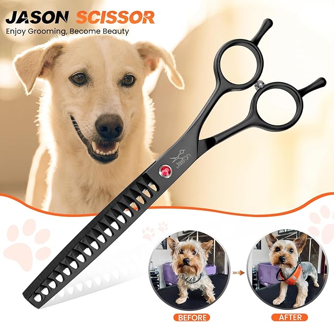 JASON 7.5" Dog Grooming Scissor - Professional Thinning Chunker Shear with 18 Teeth Japanese Stainless Steel Hair Scissors for Dogs, Cats and Other Pets (Chunker, Black) Christmas Gift