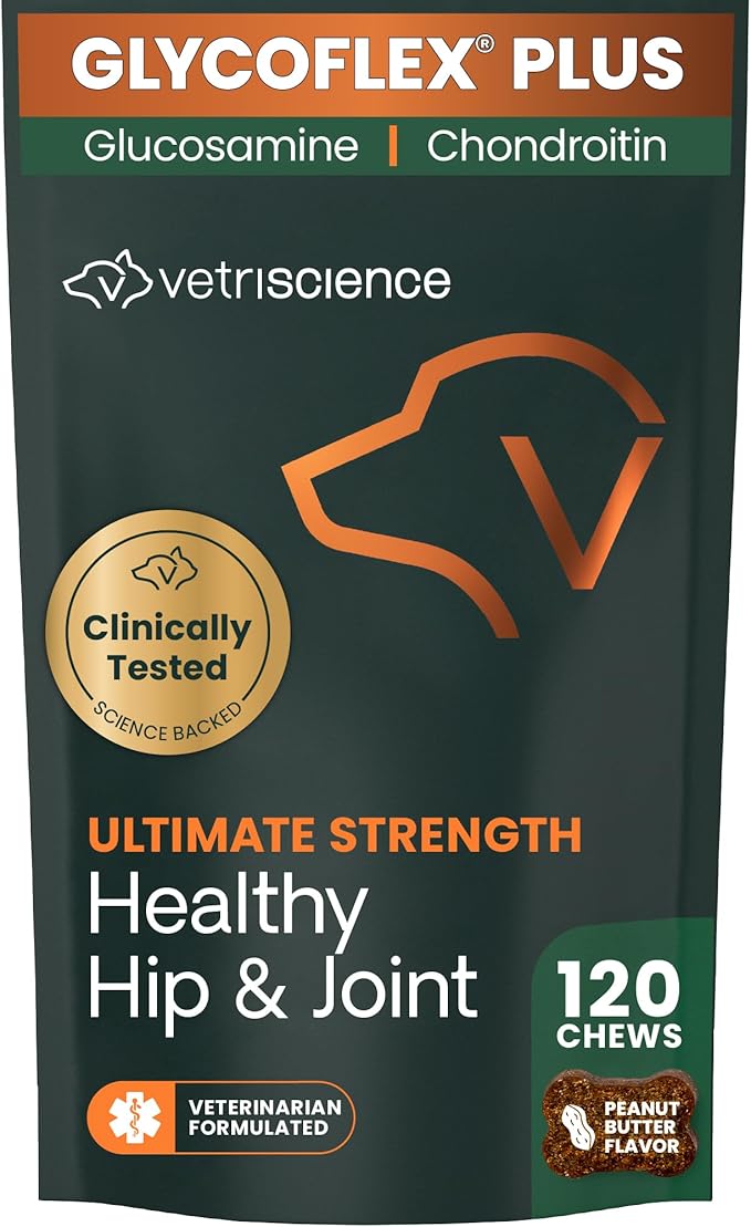 VetriScience Ultimate Strength Hip & Joint Supplement for Dogs, GlycoFlex Plus – MSM, Chondroitin & Green-Lipped Mussel Chews for Mobility, Flexibility, Comfort & Support, Peanut Butter Flavor 120 Cnt