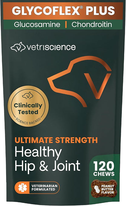 VetriScience Ultimate Strength Hip & Joint Supplement for Dogs, GlycoFlex Plus – MSM, Chondroitin & Green-Lipped Mussel Chews for Mobility, Flexibility, Comfort & Support, Peanut Butter Flavor 120 Cnt