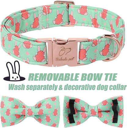 Easter Dog Collar With Bow Tie - Bunny Egg Pattern Bowtie Adjustable Heavy Duty Spring Collar for Small Medium Large Dogs XS