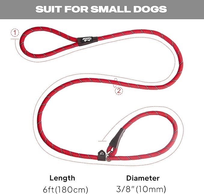 TwoEar 6FT Slip Lead Dog Leash, Heavy Duty Slip Leash for Dogs with Highly Reflective, Strong Rope Slip Leads No Pull Pet Training Leashes for Small Dogs (3/8", Red)