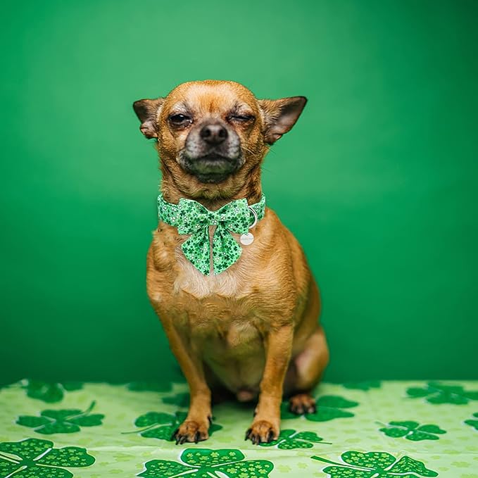UP URARA PUP St. Patrick's Dog Collar with Bow Tie, Cotton St. Patrick's Bowtie Collar for Large Girl Boy Dog, Lucky Shamrock Dog Collar with Metal Buckle, Green, Spring, L