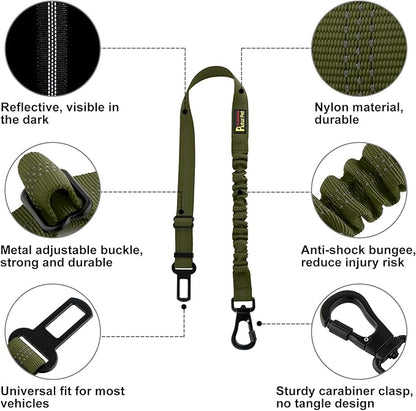 Plutus Pet Dog Seat Belt for Car, Adjustable Dog Car Harness with Carabiner Clip, Reflective Safety Dog Seatbelt Leash with Elastic Bungee, Ranger Green