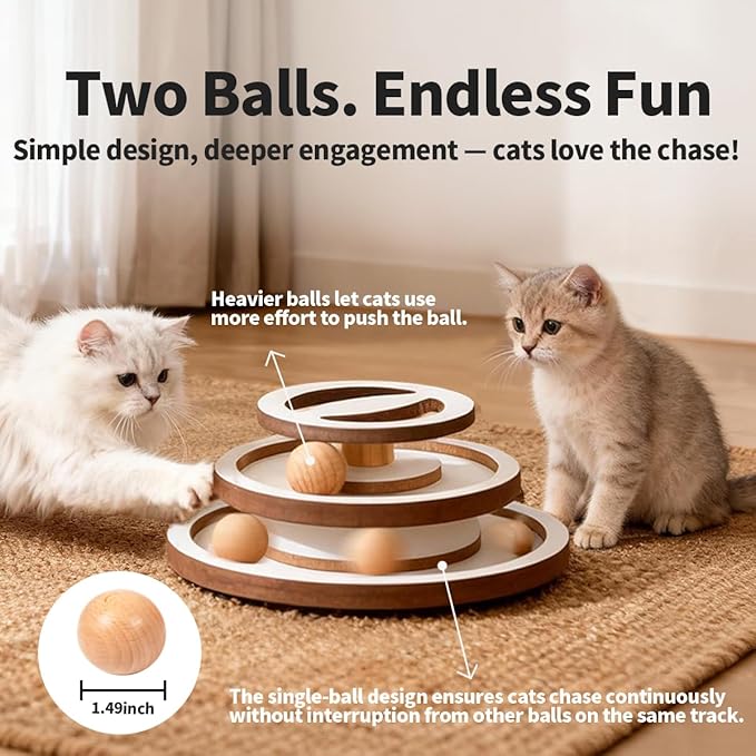 Lulu's world Premium Wooden Cat Ball Track Toy – Modern White & Wood Design – 11-Inch Extra Large Base – Fully Assembled Interactive Puzzle Tower with 2 Balls for Indoor Cats