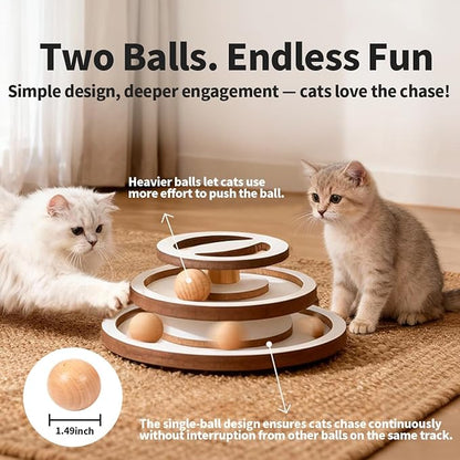 Lulu's world Premium Wooden Cat Ball Track Toy – Modern White & Wood Design – 11-Inch Extra Large Base – Fully Assembled Interactive Puzzle Tower with 2 Balls for Indoor Cats