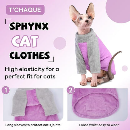 T'CHAQUE Sphynx Cat Clothes, Soft Fleece Winter Sweaters for Hairless Cats, Warm Pajama Jumpsuit with Sleeves and Hoodie, Cozy Pullover Outfit for Kittens