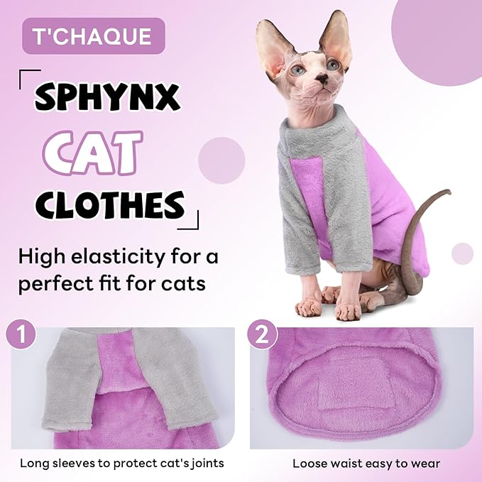 T'CHAQUE Sphynx Cat Clothes, Soft Fleece Winter Sweaters for Hairless Cats, Warm Pajama Jumpsuit with Sleeves and Hoodie, Cozy Pullover Outfit for Kittens