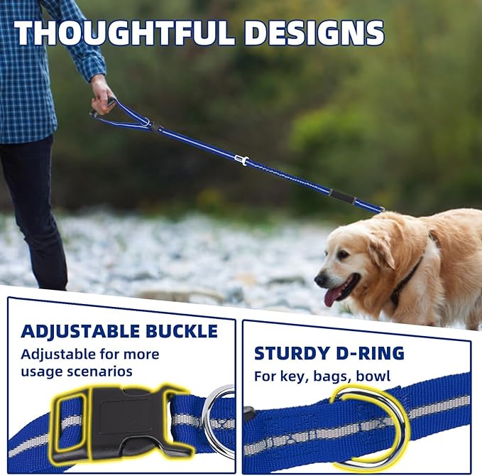 PUPTECK Heavy Duty Bungee Leash for Medium Large Dogs, No Pull Tactical Dog Leash with Double Handles for Training, Reflective with Car Seatbelt and Quick Release Buckle, Blue