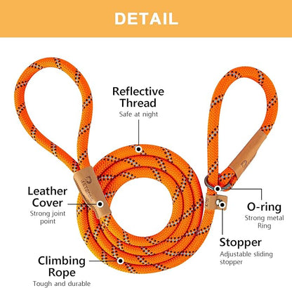 5 FT Slip Lead Dog Leash, Heavy Duty Rope Leash for Small Medium Large Dogs, No Pull Training Lead with Reflective Thread, Strong Comfortable Loop Leash (Orange Stripe, Medium(3/8"))