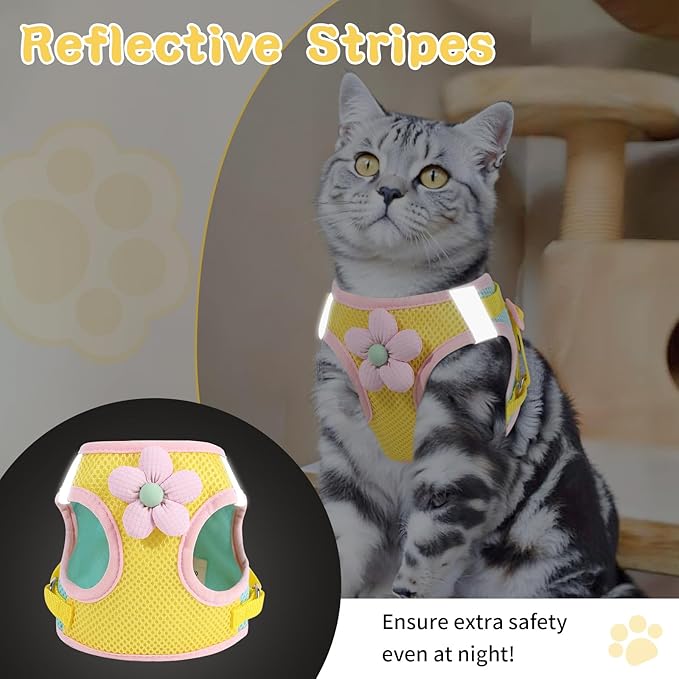 Cat Harness and Leash Set for Walking Escape Proof, Adjustable Kitten Harness Breathable Mesh with Reflective Strips Harness with Flower for Kitty Puppy Bunny Yellow XS