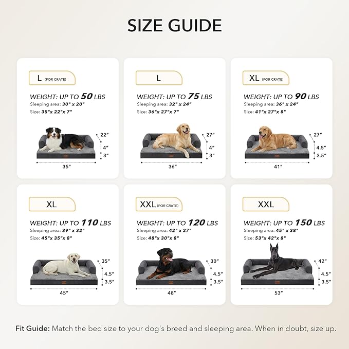 Casa Paw Orthopedic Dog Beds for Extra Large Dogs, Waterproof Egg Crate Foam XL Dog Bed with Sides 48x30Inch, Big Dogs Couch Beds with Removable Washable Cover and Nonskid Bottom, Dark Grey