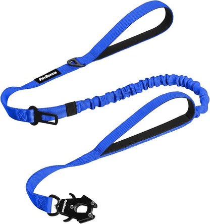 PetBonus Heavy Duty Tactical Dog Leash, 5 FT Bungee Shock Absorption Leash with 2 Padded Handles, Quick Release Metal Clip, Car Seatbelt, No Pull Training Lead for Large Medium Dogs（Blue）