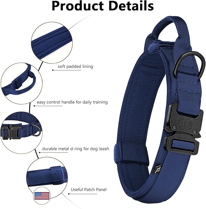 DAGANXI Tactical Dog Collar, Adjustable Military Training Nylon Dog Collar with Control Handle and Heavy Metal Buckle for Medium and Large Dogs, with Patches and Airtags Case (Midnight Blue-Set, L)
