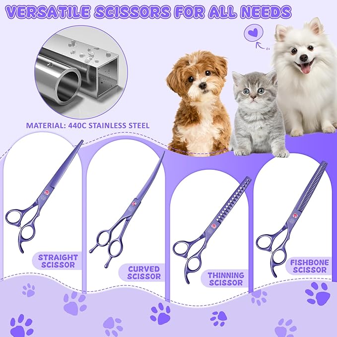 Professional Dog Scissors Set - 7 Inch/8 Inch Curved Chunkers & Thinning Shears with Grooming Comb