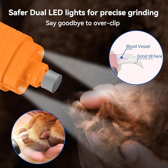 PAPIFFEED Dog Nail Grinder – Quiet Electric Nail Trimmer with Dual LED Light, Safe for Black & Thick Nails, Rechargeable for Small Medium Large Dogs & Cats (Orange)