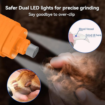 PAPIFFEED Dog Nail Grinder – Quiet Electric Nail Trimmer with Dual LED Light, Safe for Black & Thick Nails, Rechargeable for Small Medium Large Dogs & Cats (Orange)