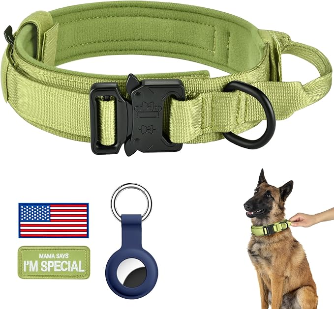 DAGANXI Tactical Dog Collar, Adjustable Military Training Nylon Dog Collar with Control Handle and Heavy Metal Buckle for Medium and Large Dogs, with Patches and Airtags Case (L, Spring Grass)