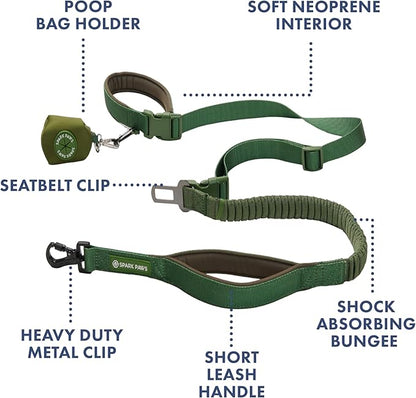 Spark Paws Handsfree Dog Leash – Shock Absorbing Waist Bungee Lead for Running, Car Seatbelt Clip & Poop Bag Set, Heavy Duty Tactical Lead for Medium, Large & X-Large Breeds - Army Green