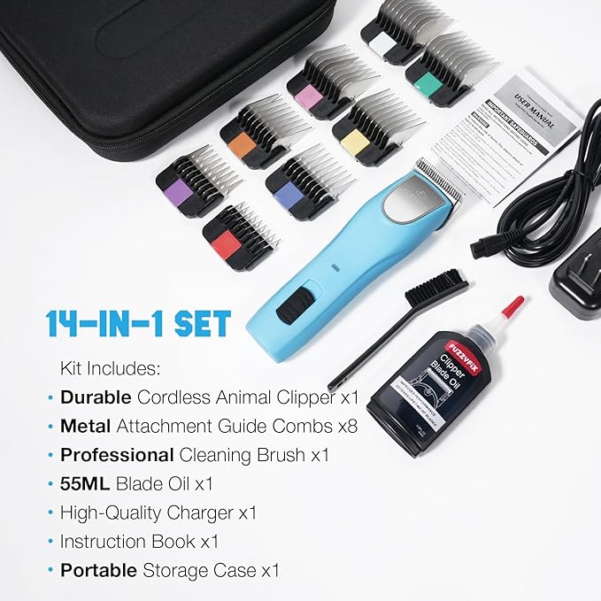 Professional Dog Clippers for Grooming - 2 Speed for Thick Curly Matted Coats, Low Noise Cordless Pet Hair Trimmer with Detachable A5 Blade & Metal Guide Combs Kit for Horse Animal Breeds
