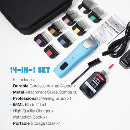 Professional Dog Clippers for Grooming - 2 Speed for Thick Curly Matted Coats, Low Noise Cordless Pet Hair Trimmer with Detachable A5 Blade & Metal Guide Combs Kit for Horse Animal Breeds