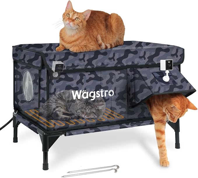 Wagstro Heated Cat House for Outside with Smart Pet Camera, Highly Elevated with Escape Door, Insulated Waterproof Outdoor Cat House Shelter for Feral Stray Barn Cat (Camo Black, 25.6"x16.5"x18.5")