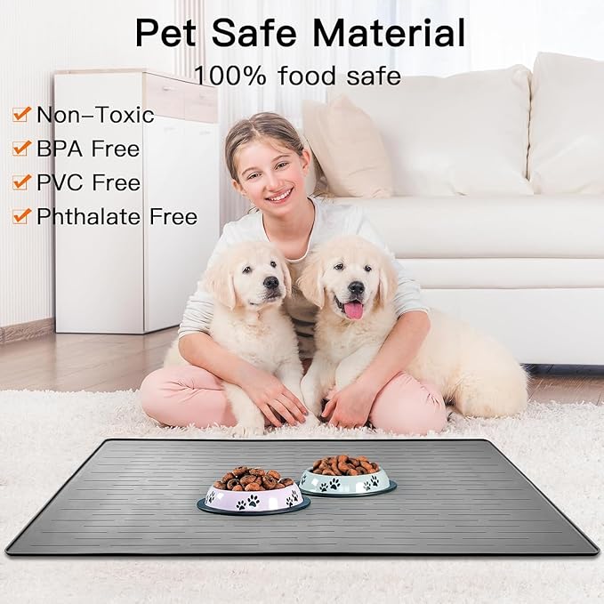 Ultibe Silicone Pet Food Mats - Largest Dog Feeding Tray, Waterproof, 48" x 32", Gray Green