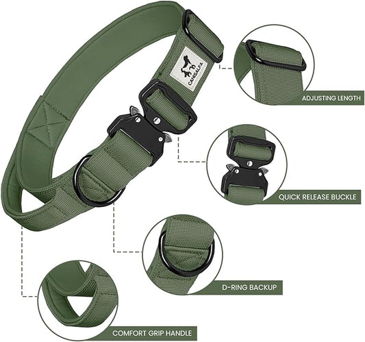 Camo Tactical Dog Collar for Medium & Large Dogs – Heavy Duty Adjustable Nylon Collar with Control Handle, Quick-Release Metal Buckle & D-Ring Comfortable, Durable Training Collar for All Dog Breeds