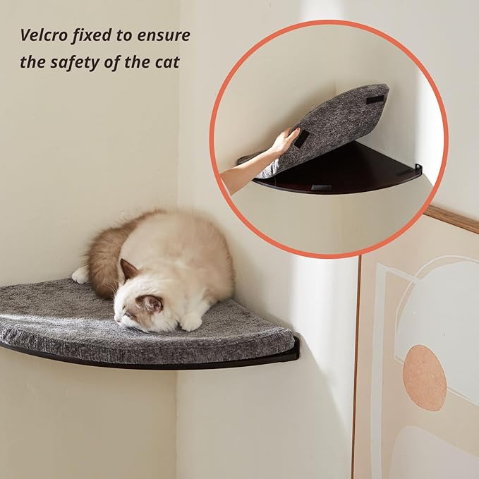 LIORCE Wall Mounted Corner Cat Bed - Cat Shelf with Comfortable Cushion - Minimalistic Cats Furniture for Indoor Cats - Climbing Perch for Wall, Walnut