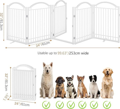 BHG Metal No-Assembly Freestanding Dog Gate with Door Walk Through, Extra Wide 120", Extra Tall 32" Pet Gate, Accordion Puppy Folding Playpen Dog Fence, with 2PCS Support (White, 5 Panels)