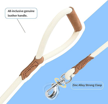Mile High Life Leather Dog Leash, Heavy Duty Strong Genuine Leather Handle Rope Leash Soft and Comfortable for Small Medium Large Dogs (Cream White, 72 Inch)