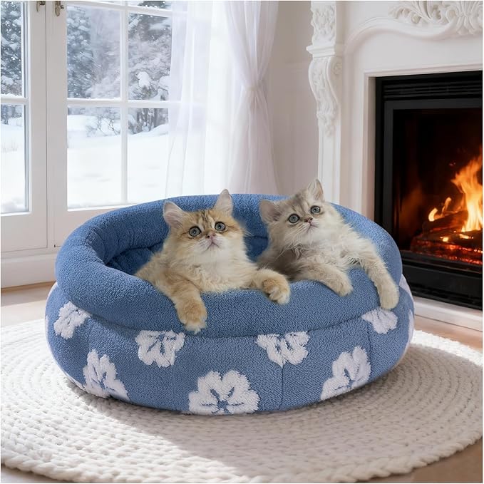BALANCE Cat Beds for Indoor Cats, Washable Round Cat Bed, Cute 3D Flower Kitten Bed with Anti-Slip Bottom for Puppy and Kitten, 20 Inches, Blue