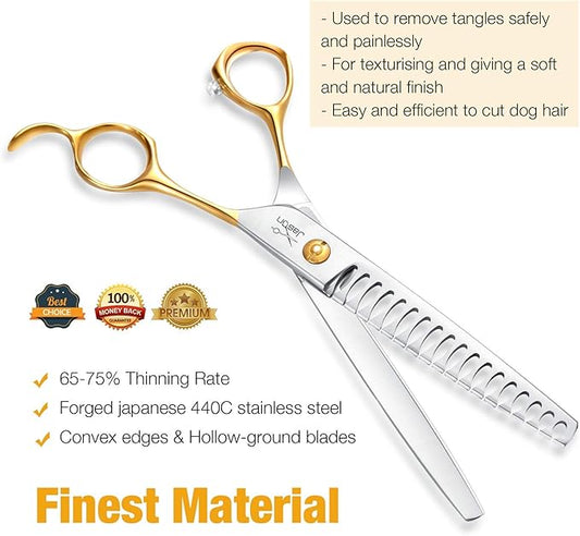 JASON 7.5" 18-Teeth Chunkers Shears for Dogs Cats Grooming Texturizing Blending Thinning Scissor Pets Trimming Kit Sharp Gold Shear for Right Handed Groomers Christmas Gift