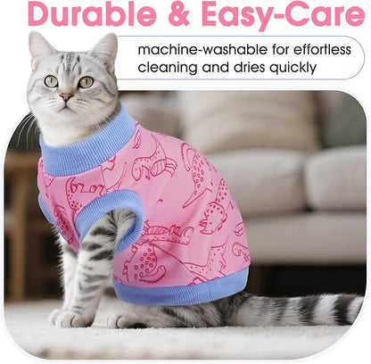 DENTRUN Sleeveless Cat Vest with Dinosaur Print, Breathable Ultra-Soft Dralon Fleece Cat Sweater, All-Season Pet Costume Apparel for Cats, Kitten Clothing for Indoor/Outdoor, Pink, M
