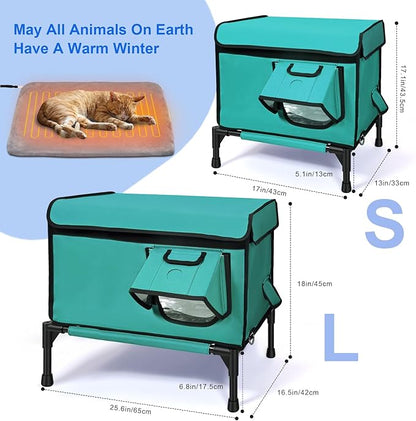 Elevated Heated Outdoor Cat House - 100% Weatherproof Insulated Outdoor Cat Shelter with Safe Escape Door & Removable Heating Pad, Warm Heated Cat House for Outside Stray/Feral/Barn Cat