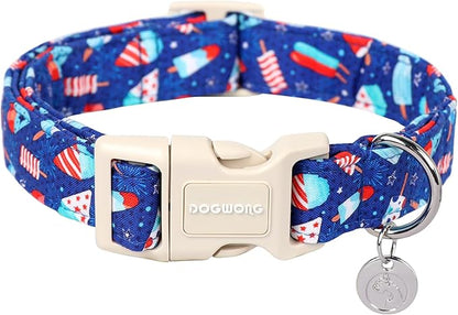 DOGWONG Cotton Dog Collar, Popcile Summer Dog Collar Durable Soft Natural Fabric Pet Dog Collar Cute Blue Ice Cream Puppy Necklace for Small Medium Large Dogs