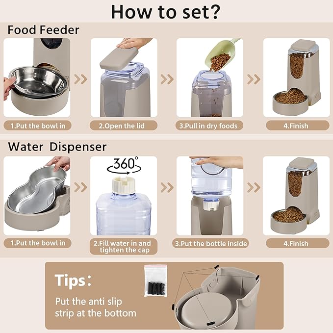 2 Pack Automatic Cat Feeder and Stainless Steel Water Dispenser, Gravity Dog Waterer Set Food Feeder and Waterer Set for Small Medium Kitten Puppy Pets(1 Gallon x 2, Brown)