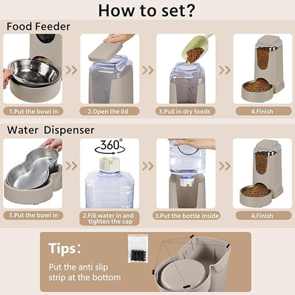 2 Pack Automatic Cat Feeder and Stainless Steel Water Dispenser, Gravity Dog Waterer Set Food Feeder and Waterer Set for Small Medium Kitten Puppy Pets(1 Gallon x 2, Brown)