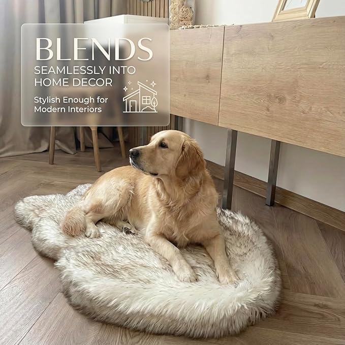 IHAPPYDOG Luxury Faux Fur Orthopedic Dog Bed, Memory Foam Dog Bed for Small, Medium, Large and XL Pets, Fluffy Pet Rug with Waterproof and Washable Cover (White w/Brown Tips, 40"x25")