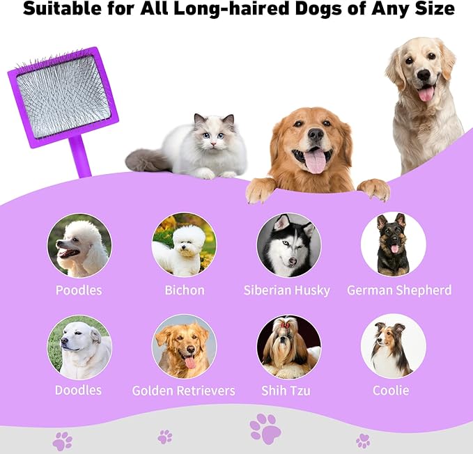 Dog Slicker Brush & Stainless Steel Comb Set for Shedding & Grooming Medium & Large Long or Thick Coated Dogs, Doodles & Cats, 1 Inch Pin Slicker Brush with Ergonomic Wooden Handle, Purple
