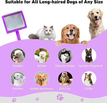 Dog Slicker Brush & Stainless Steel Comb Set for Shedding & Grooming Medium & Large Long or Thick Coated Dogs, Doodles & Cats, 1 Inch Pin Slicker Brush with Ergonomic Wooden Handle, Purple