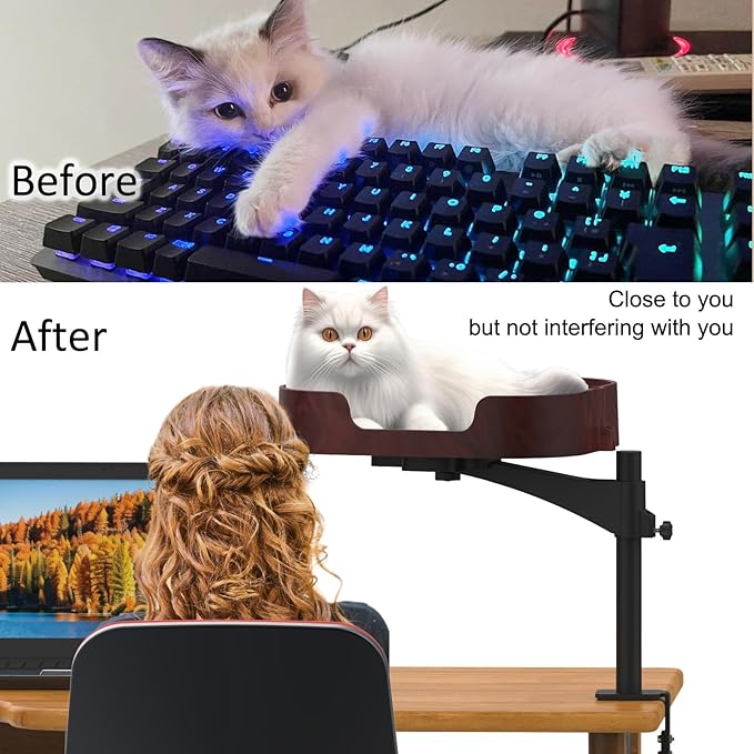 RAKEMETE Cat Desk Bed, Adjustable Up and Down and 360° Rotatable for Elevated Pet Habitat in The Home&Office - Space-Saving, Comfortable Litter, Pet Mat and Removable Indoor Cat Mat
