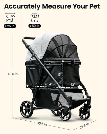Pawccoli Medium Dog Stroller, Foldable Pet Stroller with Adjustable Handle & No Zip Entry, Storage Basket & Cup Holder, Canopy, Mesh Windows, Ideal for Medium Dogs and Cats Up to 50lbs, Black