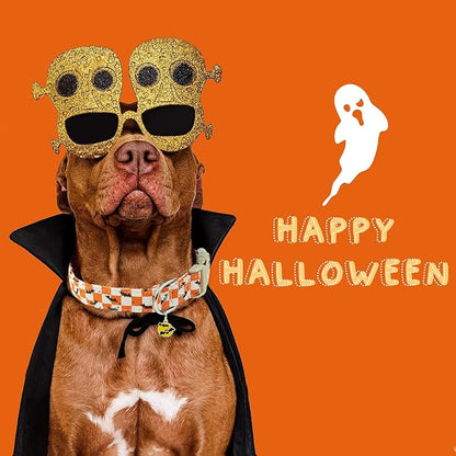 Faygarsle Halloween Dog Collar with Charm, Orange and White Checkered with Bats Pattern,for Small Medium Large Dogs XS