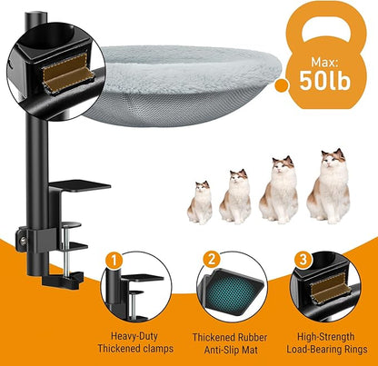 TVOVT On/Under Cat Desk Bed - 360°Rotation & Adjustable Mount Perch Cats Hammock Up to 50 lbs Cat Furniture for Office Desks and Game Tables with 2 Soft and Breathable Dual-Sided Reversible Mat