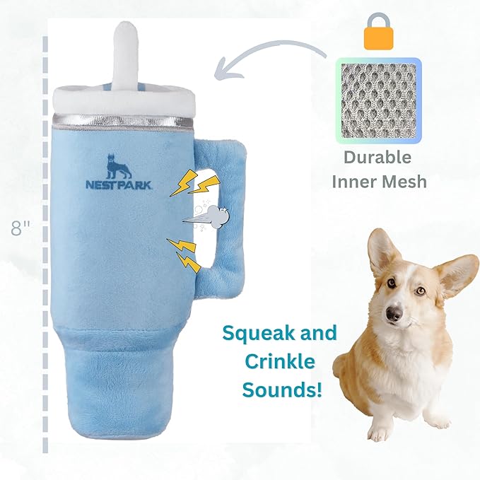 Nestpark Tumbler Cup Funny Dog Toy - Parody Plush Squeaky Crinkle Dog Toy (Chambray Blue)