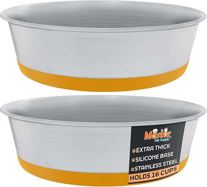 Master Pet Supply Stainless Steel Dog Bowls Set of 2 with Extra Thick Silicone Base - 16 Cup (128 oz) Mango Tango, Non-Slip, Dishwasher Safe Metal Bowls, Pet Dog Food Bowl for Dogs, Cats, Anti Rust