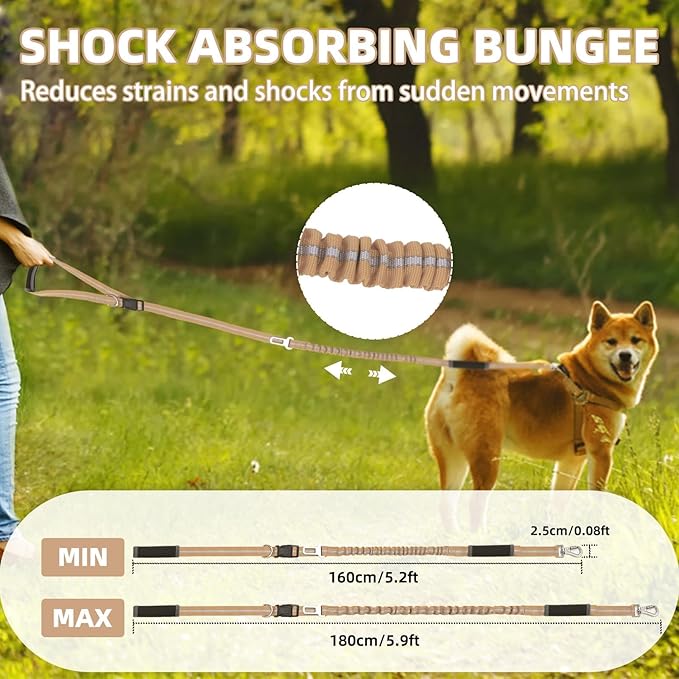 PUPTECK Heavy Duty Bungee Dog Leash for Medium Large Dogs, No Pull Tactical Dog Leashes with Double Handles for Training, Reflective Dog Leash with Car Seatbelt and Quick Release Buckle, Moccasin