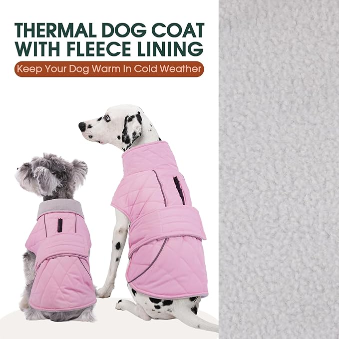 Kuoser Extra Warm Dog Coat, Windproof Cold Weather Dog Jackets for Large Dogs, Thick Fleece Lining Pet Turtleneck Snowsuit Reflective Adjustable Puppy Winter Coat Doggie Snow Jacket Pink, XL